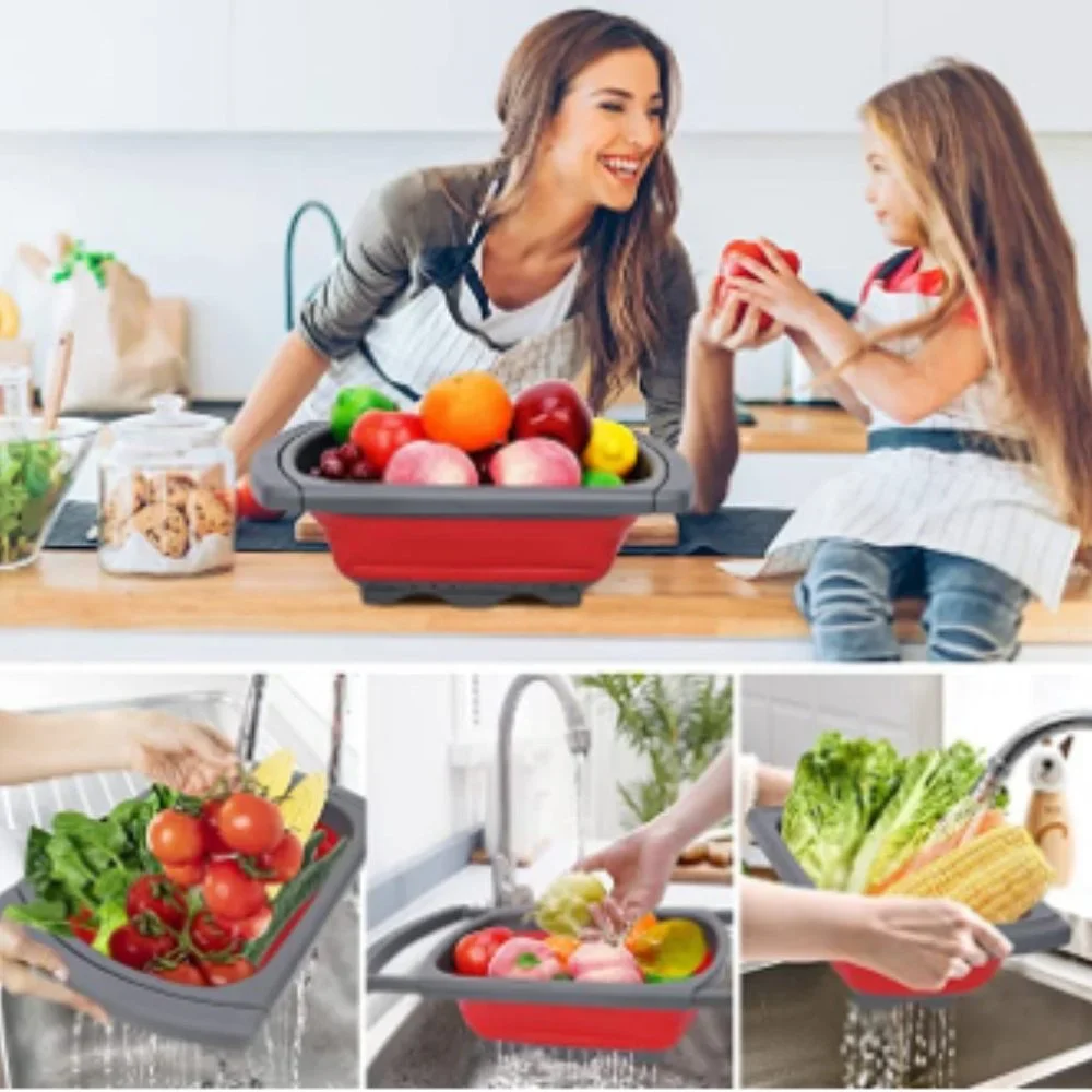 Collapsible Strainer w/ Extendable Handle Over The Sink - Silicone Colander 6Qt